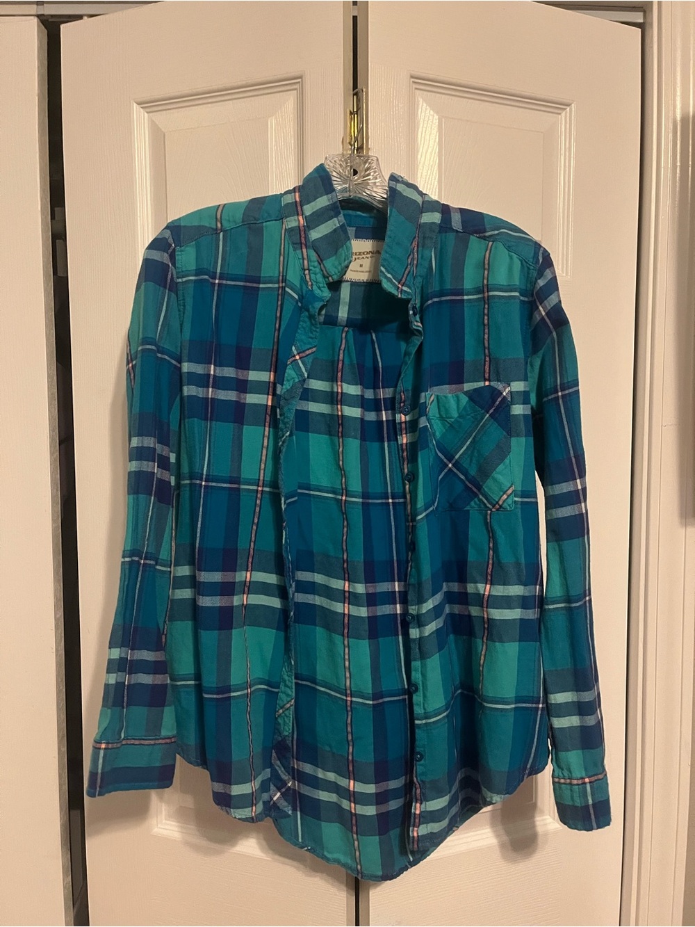 Womens Teal & Blue Plaid Button-Up Shirt